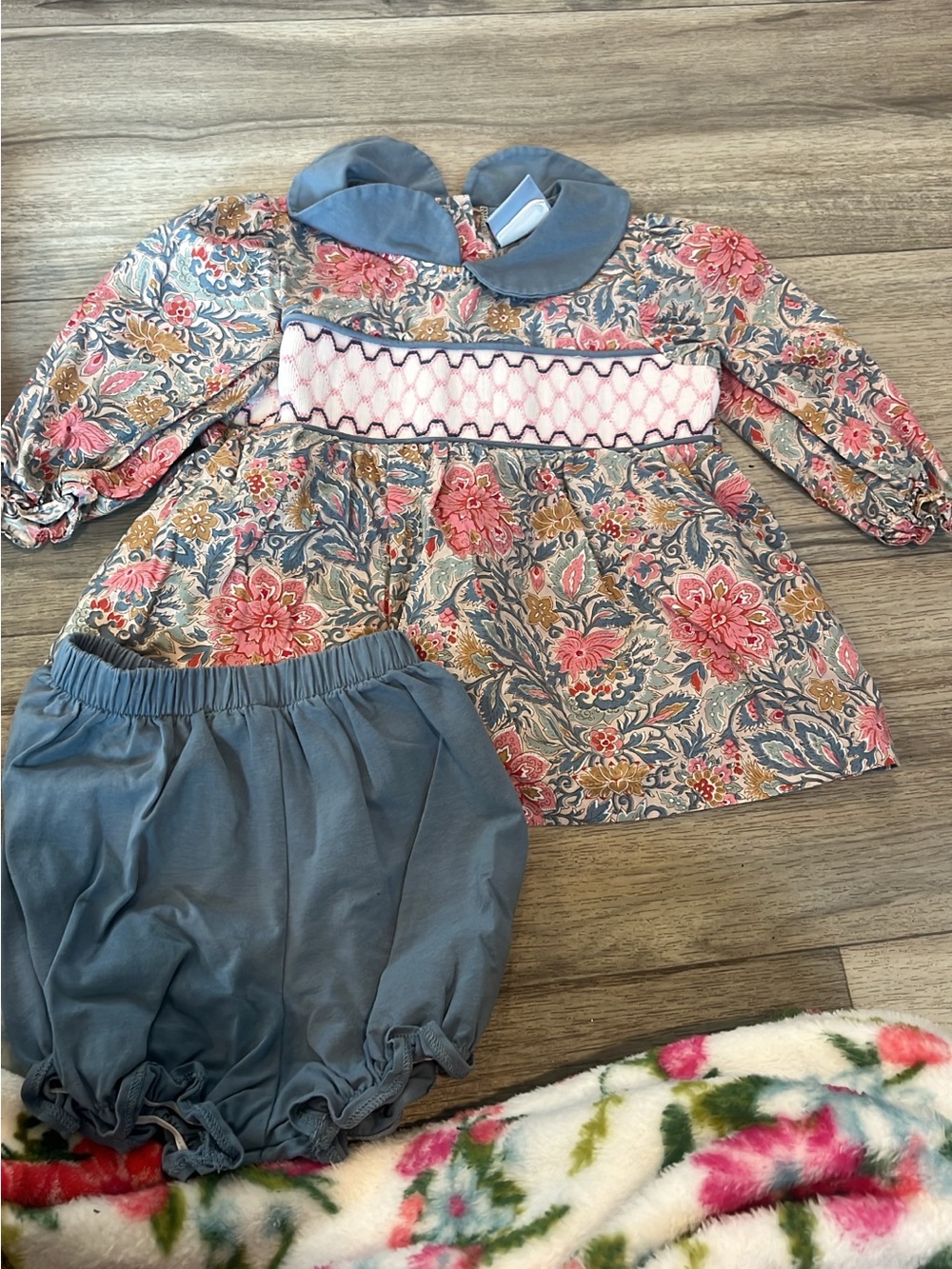 Girls Floral Smocked Top with Blue Bloomers - Pink & Blue